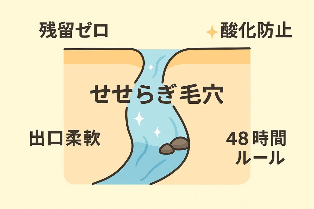 毛穴断面を流れる澄んだ水のイラスト。中央に「せせらぎ毛穴」の文字。周囲には「残留ゼロ」「出口柔軟」「酸化防止」「48時間ルール」のキーワードが配置され、清潔で健康的な毛穴状態をイメージさせるデザイン。