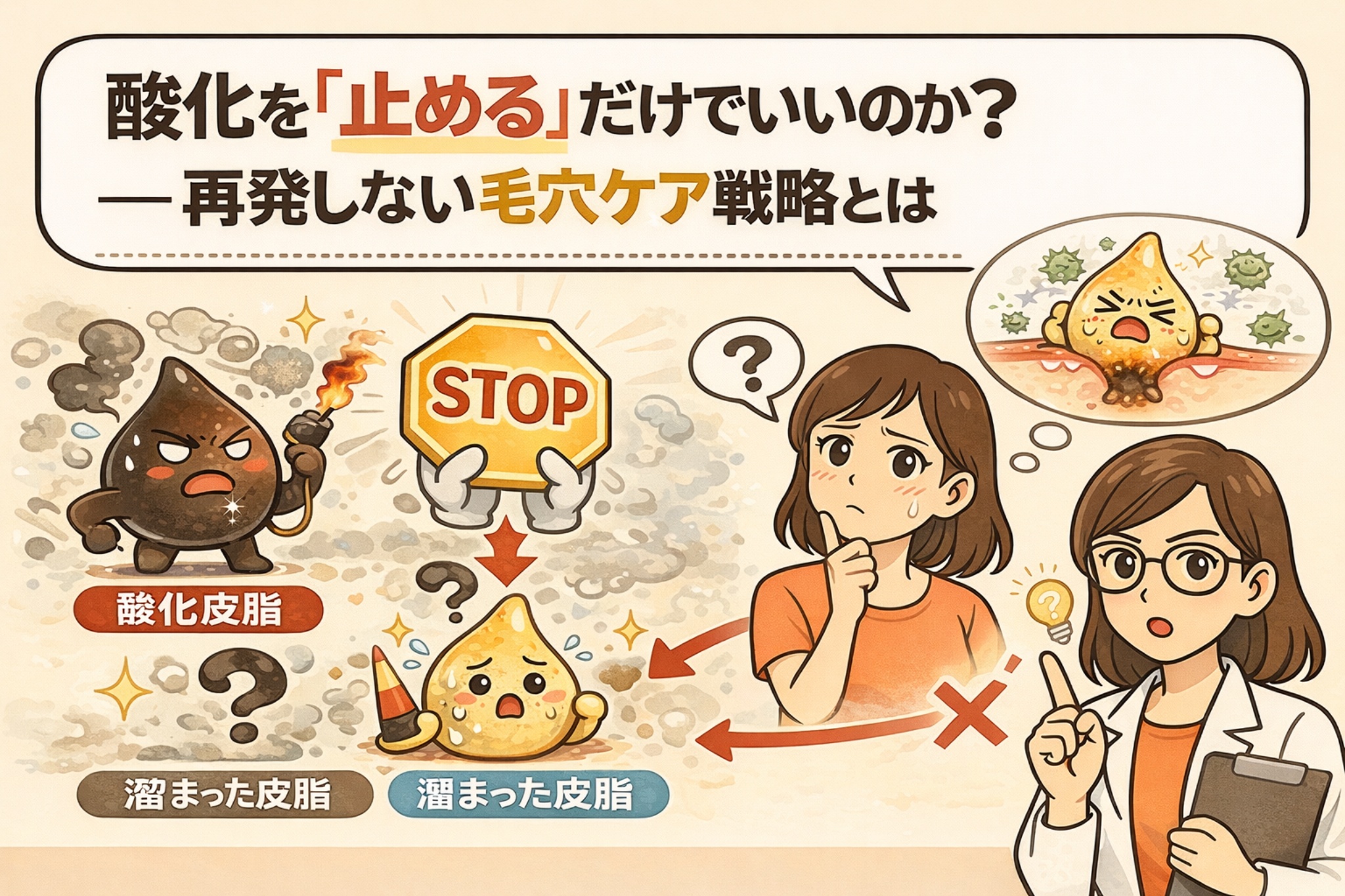 毛穴ケアにおいて「酸化を止めるだけ」で十分なのかを問い、再発しないための戦略を示したイラスト。酸化皮脂を止めても毛穴内に皮脂が滞っていれば再発する構造を、キャラクターと矢印で分かりやすく説明し、専門家が誤解を正している構図。