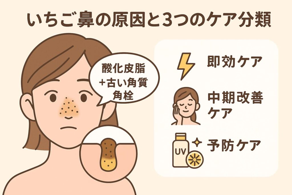 ベージュ背景の教育的イラスト。左側には鼻部分の拡大図と「酸化皮脂＋古い角質＝角栓」という説明。右側には3つのケア分類を示すアイコンとテキスト（⚡即効ケア、女性の顔のアイコンで中期改善ケア、UVボトルとビタミンCで予防ケア）が並んでいる。