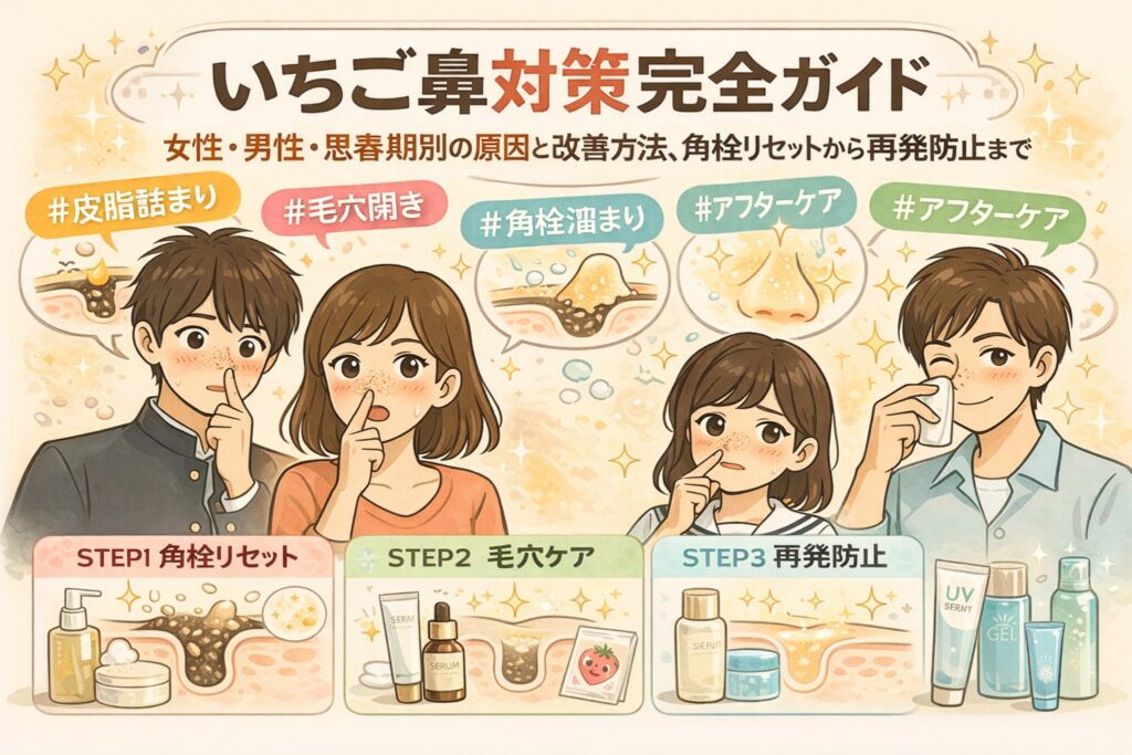 いちご鼻対策の完全ガイドをまとめたイラスト。男女・思春期別に異なる毛穴悩み（皮脂詰まり、毛穴開き、角栓詰まり）を示し、角栓リセット、毛穴ケア、再発防止という3ステップの流れを、毛穴断面図とスキンケアアイテムでわかりやすく解説している。