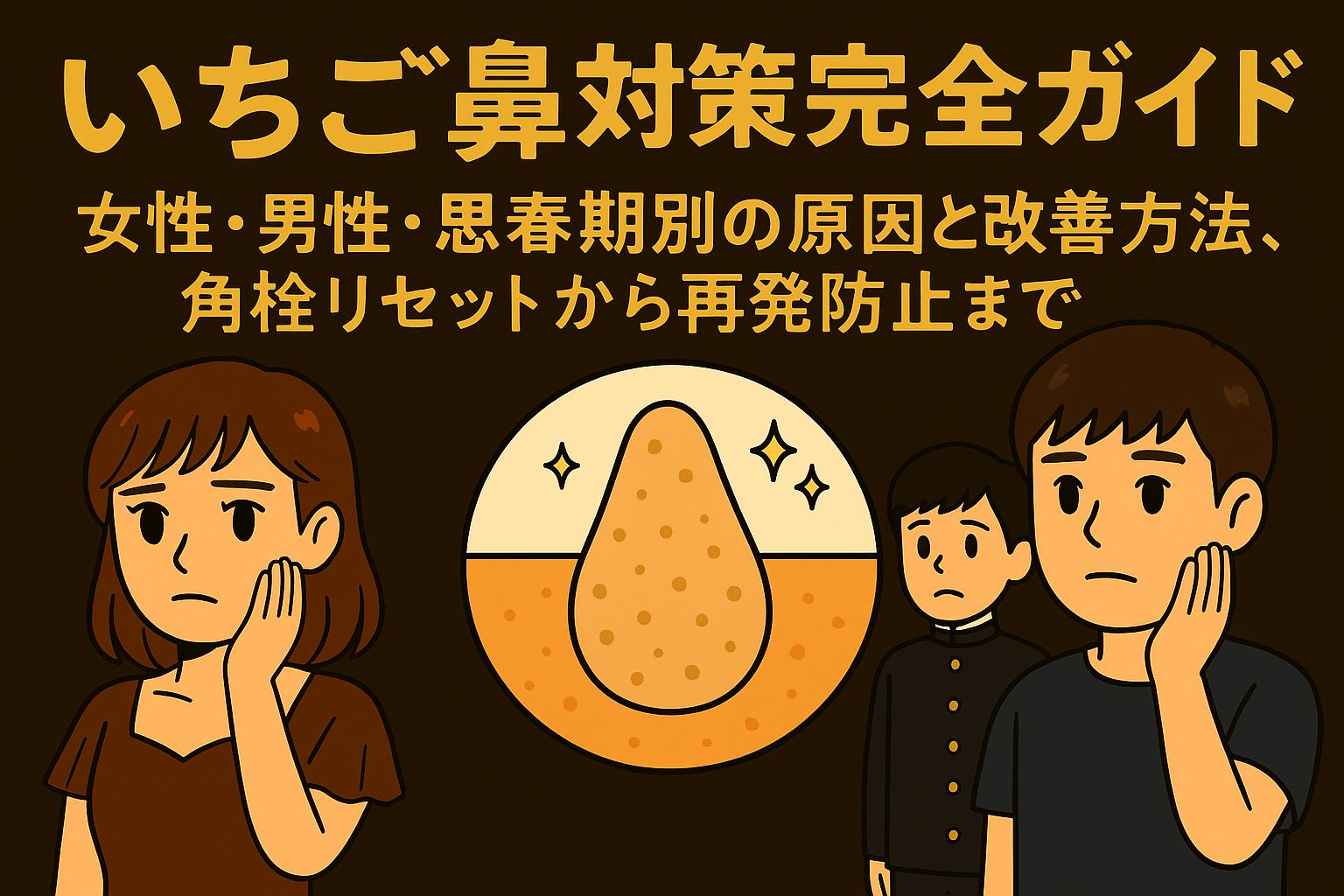 「いちご鼻対策完全ガイド　女性・男性・思春期別の原因と改善方法、角栓リセットから再発防止まで」というタイトルが書かれた日本語のイラスト。中央には角栓が取れて毛穴がきれいになった様子の図解があり、左側に茶色い髪の女性、右側に黒髪の男性、その後ろに学生服を着た少年が、それぞれ鼻や頬に手を添えて悩んでいる表情をしている。背景はダークブラウン。