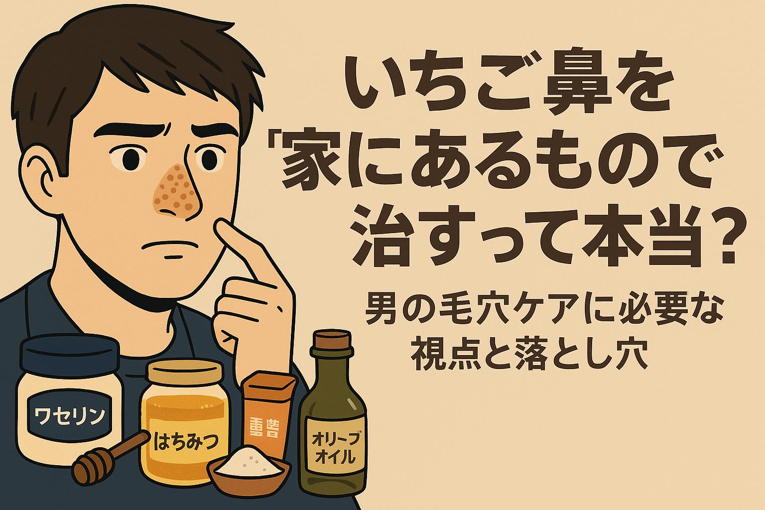 いちご鼻に悩む男性が鼻に指を当てながら、横に並んだワセリン・はちみつ・重曹・オリーブオイルを見つめている。背景には「家にあるもので治すって本当？」と問いかける日本語テキスト。男性向け毛穴ケア記事のアイキャッチ。