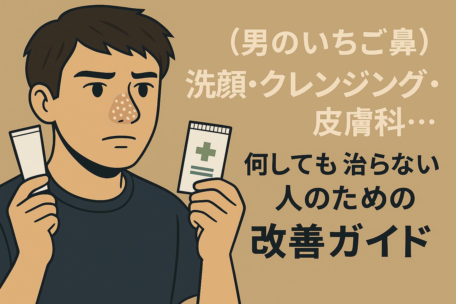 いちご鼻に悩む男性が、洗顔・クレンジング・皮膚科に頼っても治らなかった悩みに向き合う構図。背景のコピーは「改善ガイド」の導線を示す。