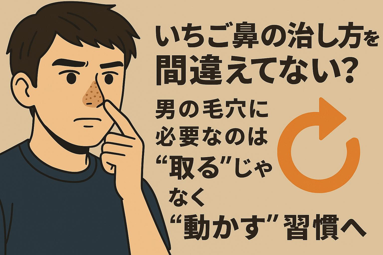 鼻に指を当てて考え込む男性が「いちご鼻の治し方を間違えてない？」という問いかけとともに登場し、「動かす習慣」への転換を促すビジュアル。オレンジの矢印が印象的。