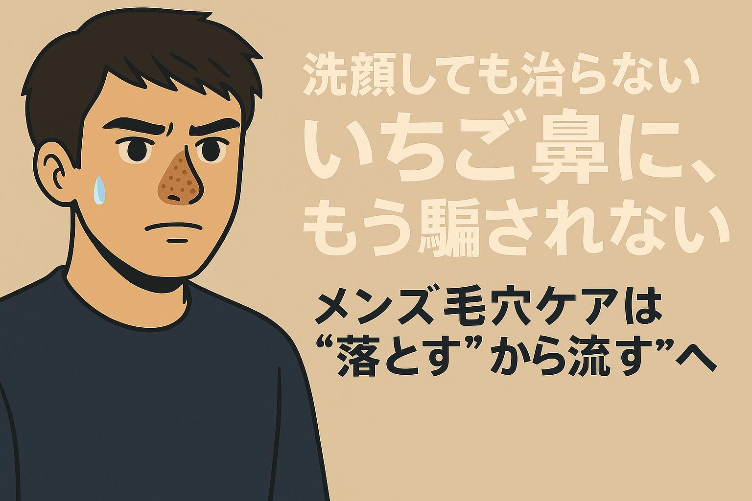 いちご鼻に悩む男性がまっすぐ視線を向ける構図。ベージュ背景に「洗顔では治らない」と訴えるメッセージがあり、“流す”ケアへの転換を示唆。