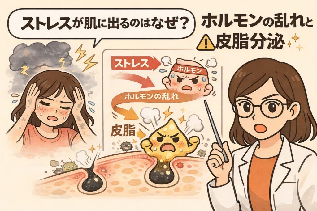 ストレスが肌トラブルとして現れる理由を解説する図解イラスト。ストレスによるホルモンバランスの乱れが皮脂分泌を増やし、毛穴詰まりや炎症につながる流れを、悩む女性と白衣の女性の解説で示している。