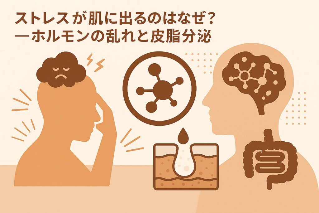 ストレスが肌に与える影響をテーマにした図解イラスト。左側では頭を抱える人のシルエットに雲のようなストレスマーク、右側では脳と腸のアイコンが描かれ、ホルモンバランスの乱れと皮脂分泌の関係を示している。中央には分子構造と毛穴断面図が配置され、「ストレスが肌に出るのはなぜ?―ホルモンの乱れと皮脂分泌」と書かれている。