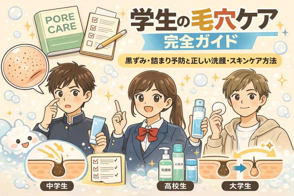 学生向けの毛穴ケア完全ガイドをまとめたイラスト。中学生・高校生・大学生それぞれの肌悩みに合わせて、黒ずみや詰まりを防ぐ正しい洗顔とスキンケア方法を、チェックリストや毛穴断面図、使用アイテムとともに分かりやすく解説している。