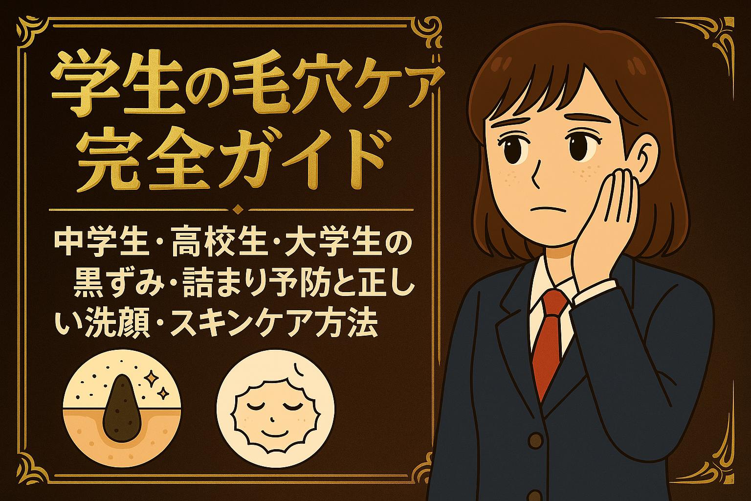 「学生の毛穴ケア完全ガイド」というタイトルとともに、女子学生が顔に手を当てて毛穴悩みを気にしているイラスト。左側には「中学生・高校生・大学生の黒ずみ・詰まり予防と正しい洗顔・スキンケア方法」と記載され、黒ずみ毛穴と洗顔のアイコンが並んでいる。背景は濃いブラウンで、金色の装飾枠が施され、落ち着いた雰囲気を演出している。