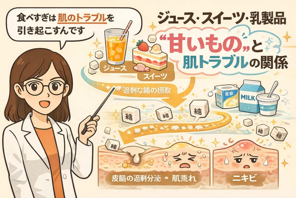 ジュースやスイーツ、乳製品などの「甘いもの」と肌トラブルの関係を解説する図解イラスト。白衣の女性が指差しで説明し、過剰な糖分摂取が皮脂の分泌を増やし、肌荒れやニキビにつながる流れを示している。下部の毛穴断面図では、皮脂の過剰分泌による毛穴詰まりや炎症が表現され、食生活と肌トラブルの関係をわかりやすく伝えるビジュアル。