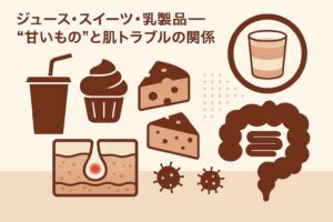 ジュースやスイーツ、乳製品などの“甘いもの”と肌トラブルの関係をテーマにした図解イラスト。左側にジュース、カップケーキ、チーズのアイコン、中央下にはニキビの毛穴断面図が描かれている。右側には腸のイラストと細菌のアイコンが配置され、腸内環境との関連を示している。テキストには「ジュース・スイーツ・乳製品―“甘いもの”と肌トラブルの関係」と書かれている。