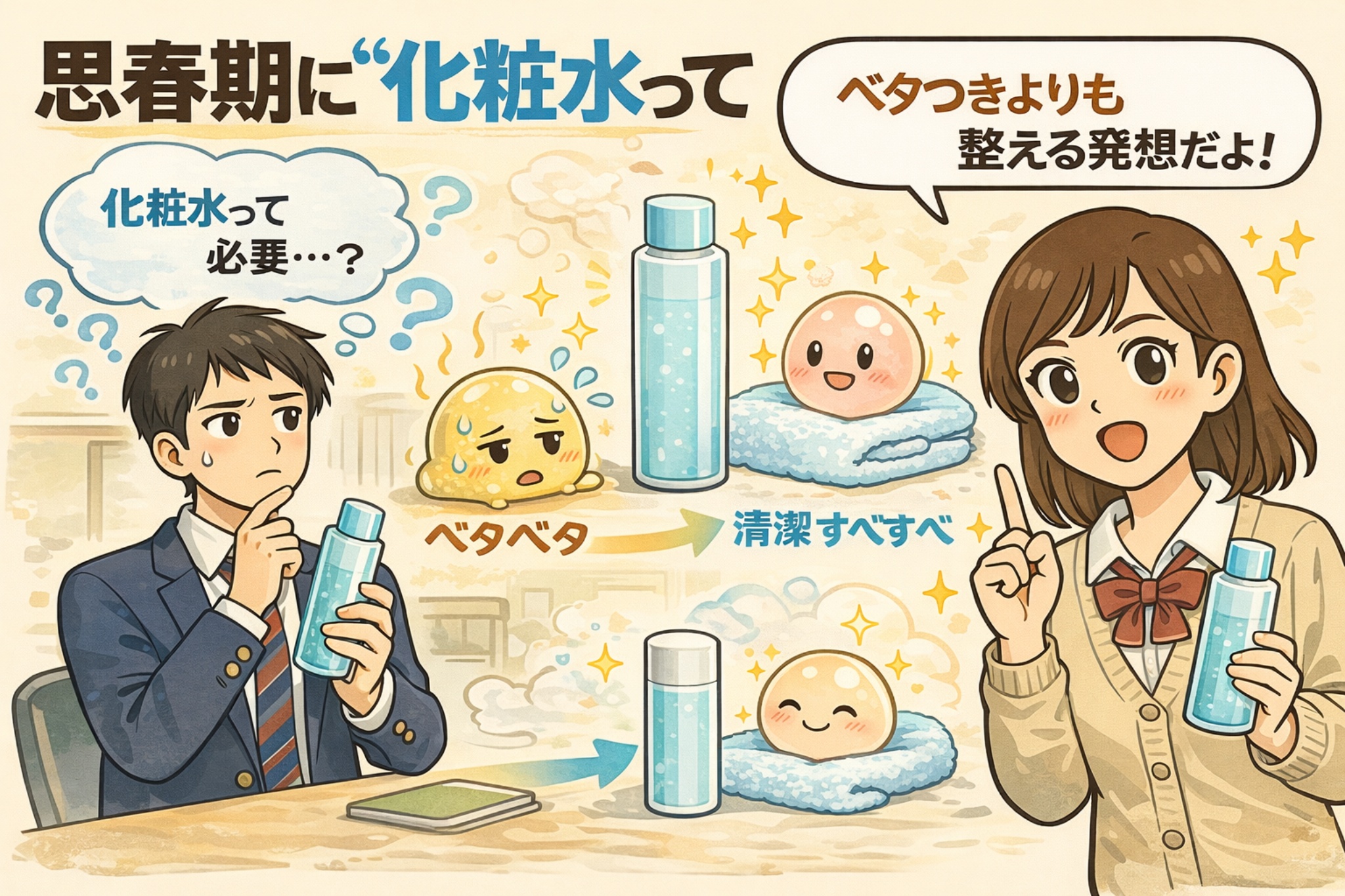思春期に化粧水は必要かを解説する図解イラスト。化粧水を手に悩む男子学生と、指差しで説明する女子学生が描かれている。ベタついた肌状態から、化粧水で整えて清潔ですべすべな状態へ変化する様子がキャラクターで表現され、化粧水は「ベタつかせる」のではなく「肌を整える」ためのアイテムであることを伝えている。