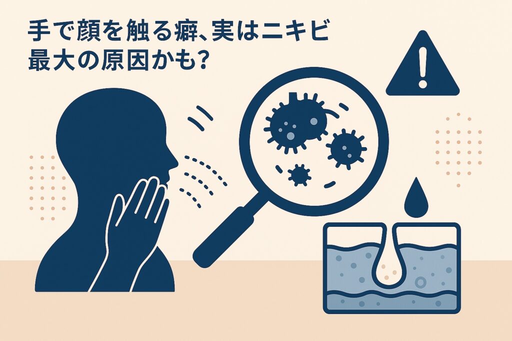 手で顔を触るクセとニキビの関係をテーマにした図解イラスト。左に顔を手で触る人のシルエット、中央に菌を拡大した虫眼鏡アイコン、右下に毛穴の断面図が描かれている。上部には「手で顔を触る癖、実はニキビ最大の原因かも?」というテキストがあり、接触による菌の付着と皮脂汚染のリスクを示している。