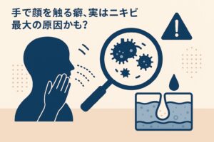手で顔を触るクセとニキビの関係をテーマにした図解イラスト。左に顔を手で触る人のシルエット、中央に菌を拡大した虫眼鏡アイコン、右下に毛穴の断面図が描かれている。上部には「手で顔を触る癖、実はニキビ最大の原因かも?」というテキストがあり、接触による菌の付着と皮脂汚染のリスクを示している。