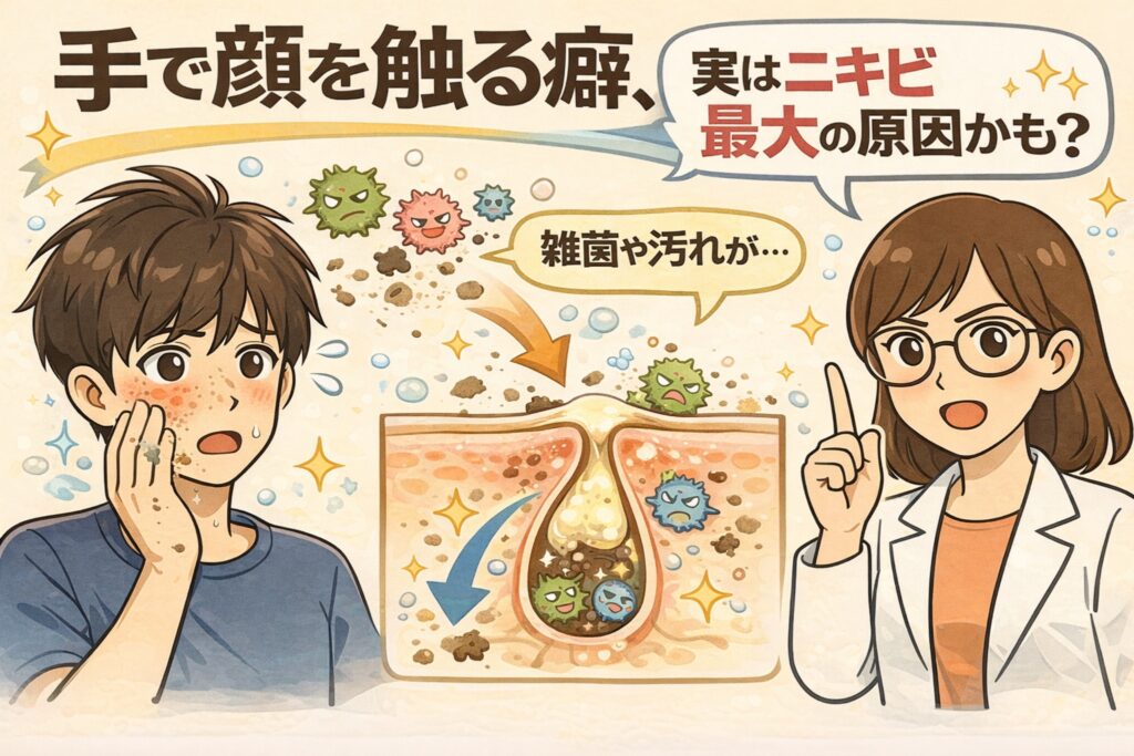 手で顔を触る癖がニキビの大きな原因になることを解説するイラスト。無意識に頬を触る若者と、雑菌や汚れが毛穴に入り炎症を起こす断面図を対比し、接触習慣がニキビを悪化させる仕組みを分かりやすく表現している。