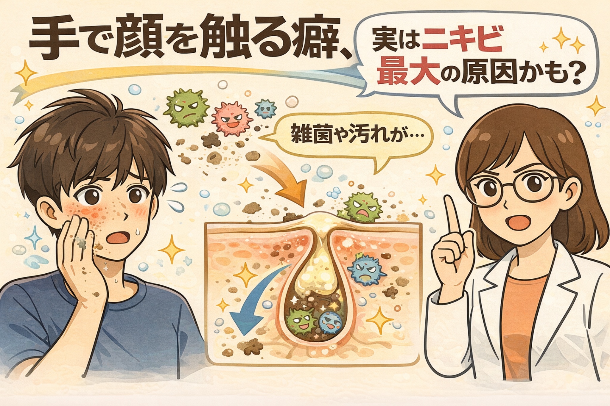手で顔を触る癖がニキビの大きな原因になることを解説するイラスト。無意識に頬を触る若者と、雑菌や汚れが毛穴に入り炎症を起こす断面図を対比し、接触習慣がニキビを悪化させる仕組みを分かりやすく表現している。