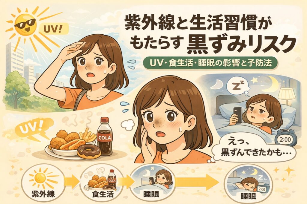 紫外線や生活習慣が黒ずみリスクを高める仕組みを解説するイラスト。日差しを浴びる女性、揚げ物や甘い飲料などの食生活、夜更かしによる睡眠不足のシーンが並び、頬の黒ずみを気にする様子が描かれている。UV・食生活・睡眠の影響と予防の重要性を、時系列とアイコンでわかりやすく示している。