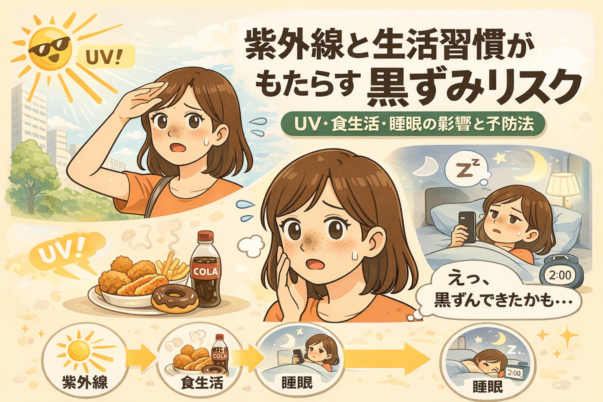 紫外線や生活習慣が黒ずみリスクを高める仕組みを解説するイラスト。日差しを浴びる女性、揚げ物や甘い飲料などの食生活、夜更かしによる睡眠不足のシーンが並び、頬の黒ずみを気にする様子が描かれている。UV・食生活・睡眠の影響と予防の重要性を、時系列とアイコンでわかりやすく示している。