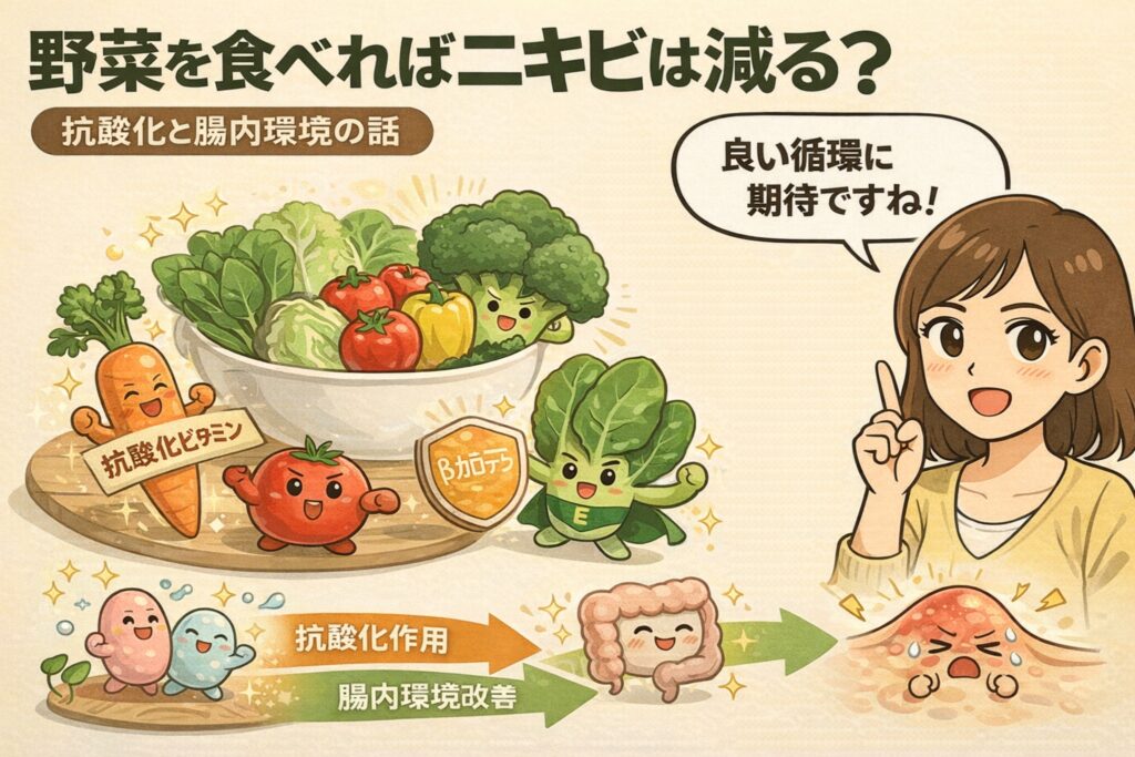 野菜を食べることでニキビが減るのかを解説した図解イラスト。抗酸化ビタミンやβカロテンを含む野菜が、抗酸化作用と腸内環境の改善を通じて肌状態に良い循環をもたらす流れを、擬人化キャラクターと矢印図で分かりやすく示している。