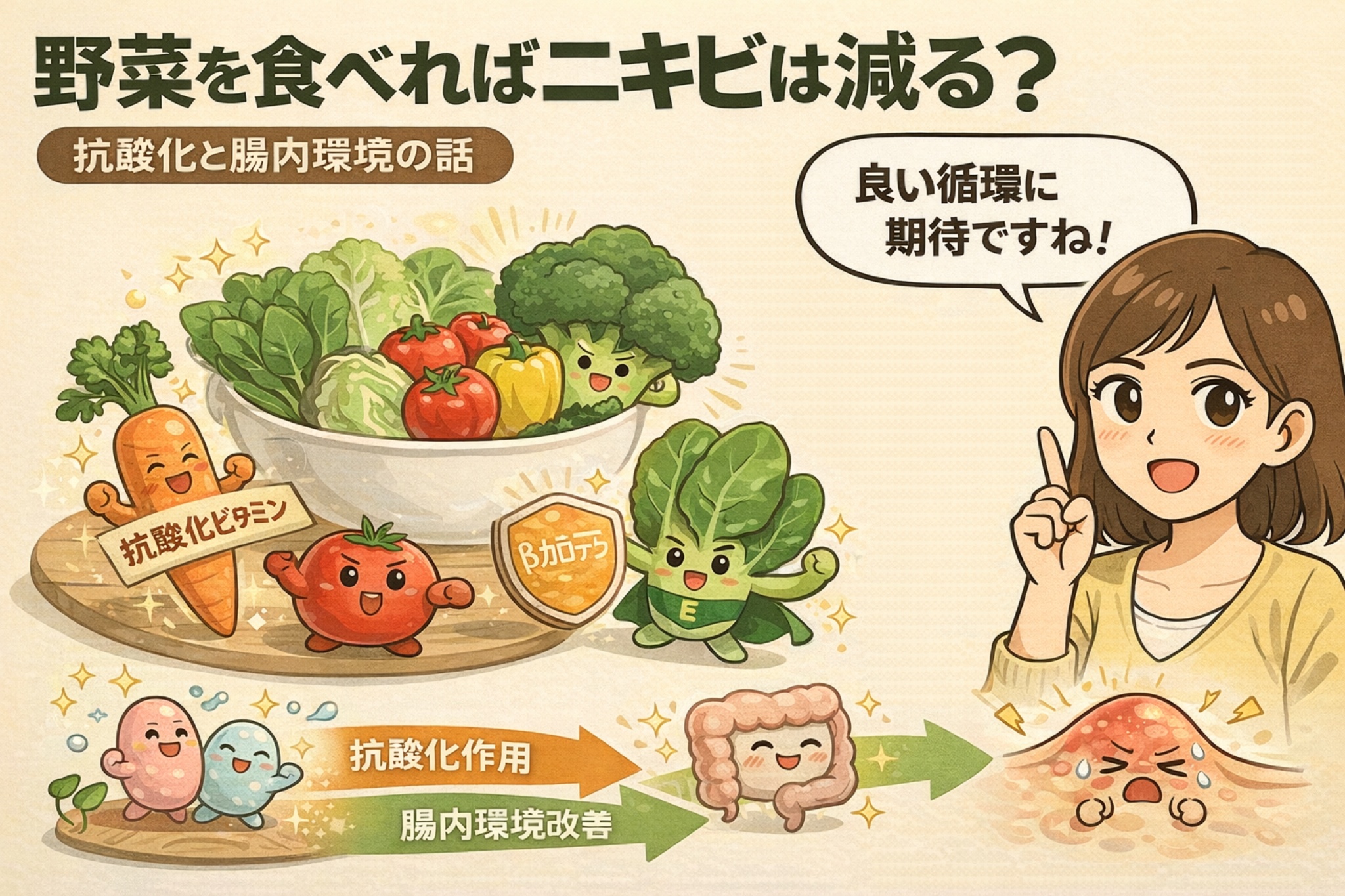 野菜を食べることでニキビが減るのかを解説した図解イラスト。抗酸化ビタミンやβカロテンを含む野菜が、抗酸化作用と腸内環境の改善を通じて肌状態に良い循環をもたらす流れを、擬人化キャラクターと矢印図で分かりやすく示している。