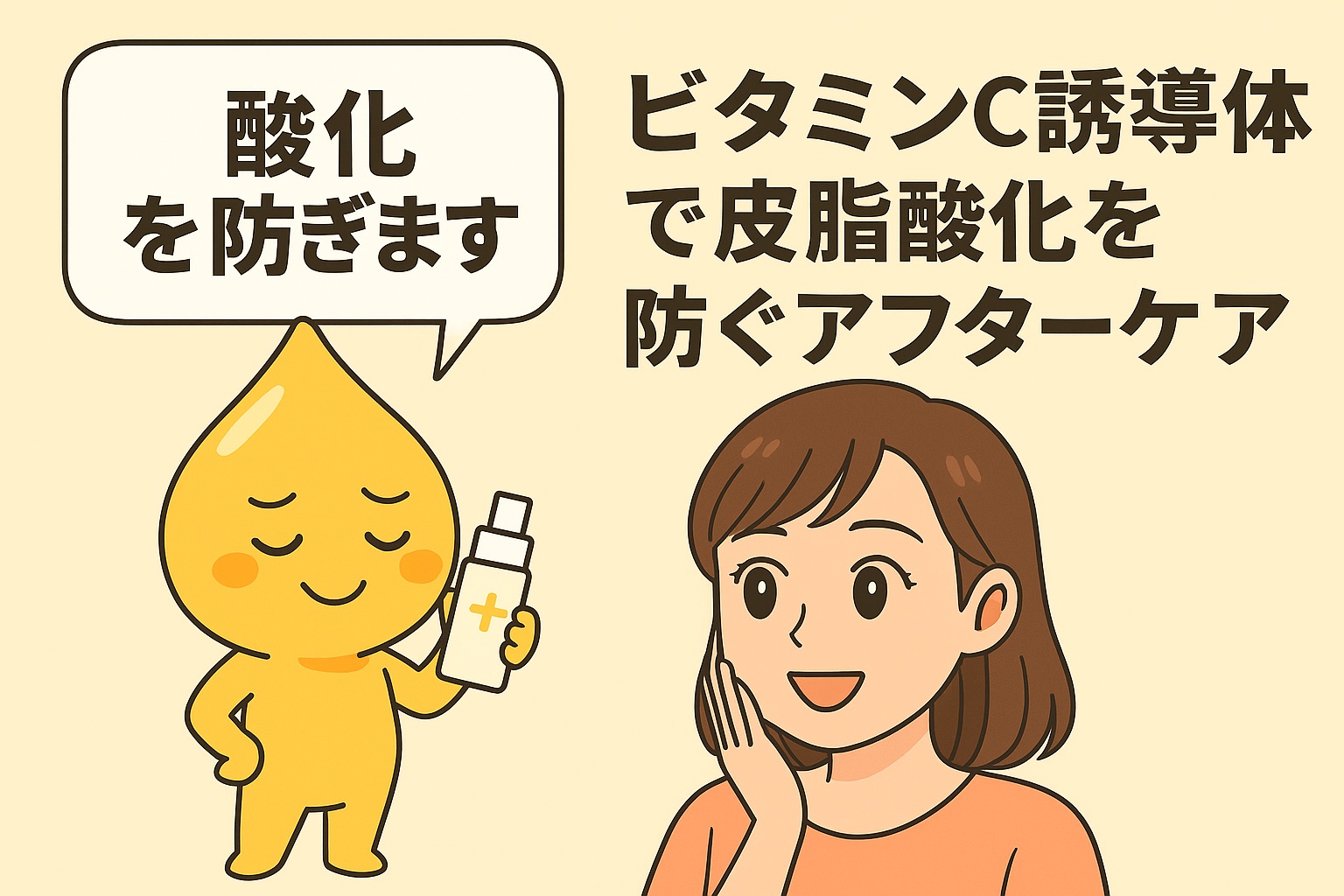 ゆうこが笑顔でビタミンC誘導体キャラクターを見ているイラスト。黄色いしずく型キャラが化粧水ボトルを持ち、「酸化を防ぎます」と話している。皮脂酸化を防ぐアフターケアをテーマにした構図。