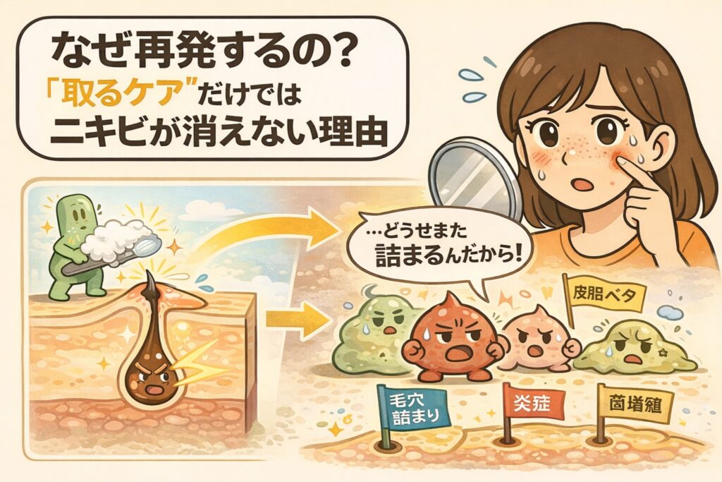 ニキビが何度も再発する理由を、「取るケア」だけでは不十分な構造から解説したイラスト。角栓や皮脂を一時的に除去しても、皮脂分泌・毛穴詰まり・炎症・菌増殖の循環が残るため再発する仕組みを、毛穴断面図と擬人化キャラクター、悩む女性の表情で分かりやすく示している。