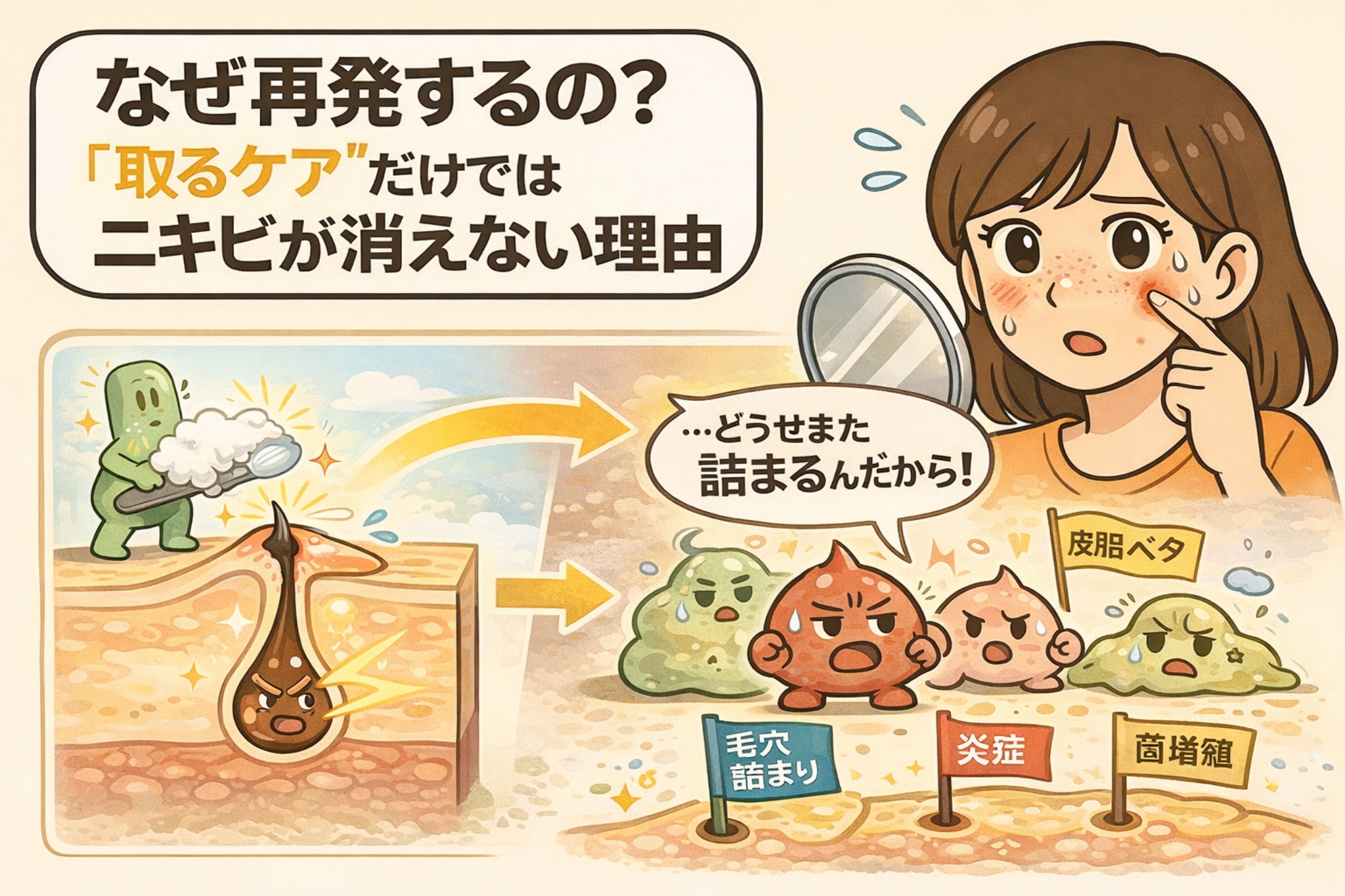 ニキビが何度も再発する理由を、「取るケア」だけでは不十分な構造から解説したイラスト。角栓や皮脂を一時的に除去しても、皮脂分泌・毛穴詰まり・炎症・菌増殖の循環が残るため再発する仕組みを、毛穴断面図と擬人化キャラクター、悩む女性の表情で分かりやすく示している。
