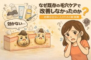 既存の毛穴ケアで効果を感じられなかった理由を解説する図解イラスト。洗顔料や鼻パック、化粧水などを使っても「効かない…」と悩む様子と、毛穴の中で角栓が残って改善しない状態が擬人化で描かれている。右側には頬に手を当てて困惑する女性が配置され、「なぜ既存の毛穴ケアで改善しなかったのか」という疑問に対し、新しい視点や構造理解の必要性を示す教育用ビジュアル。