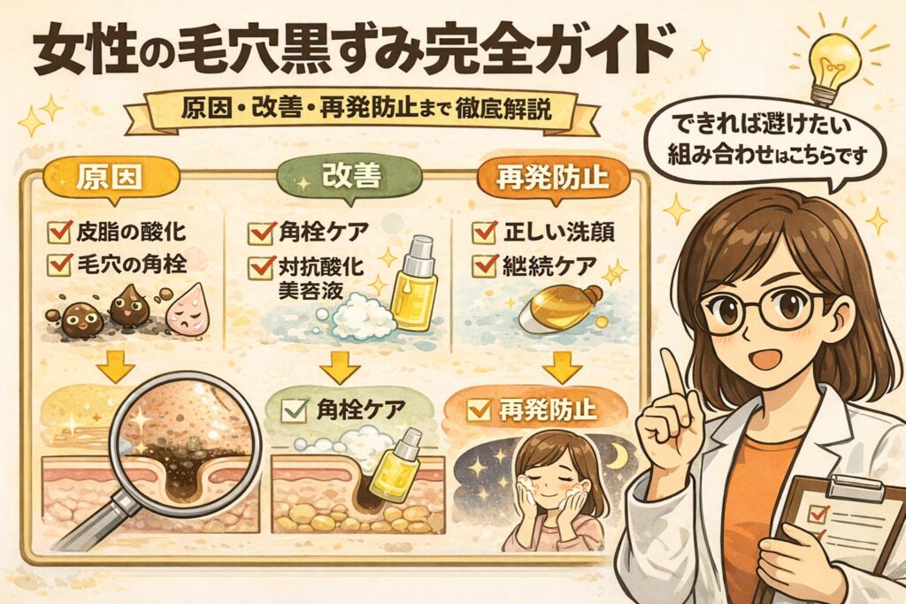 女性の毛穴黒ずみケアを体系的に解説する図解イラスト。「女性の毛穴黒ずみ完全ガイド」というタイトルのもと、原因・改善・再発防止の3ステップが整理されている。原因として皮脂の酸化や毛穴の角栓が示され、改善では角栓ケアと抗酸化美容液、再発防止では正しい洗顔と継続ケアが描かれている。右側には白衣と眼鏡の女性が指差し解説する姿があり、毛穴黒ずみ対策を総合的に理解できる教育用ビジュアル。