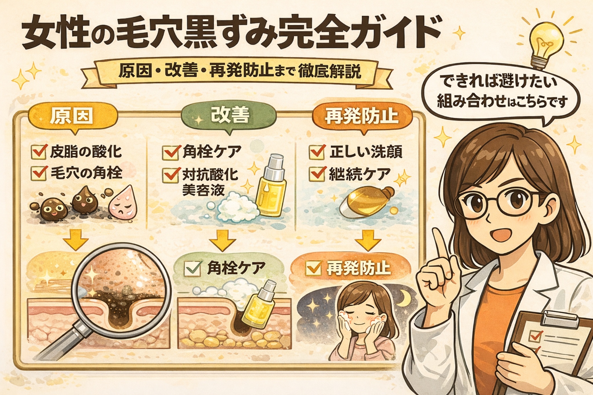 女性の毛穴黒ずみケアを体系的に解説する図解イラスト。「女性の毛穴黒ずみ完全ガイド」というタイトルのもと、原因・改善・再発防止の3ステップが整理されている。原因として皮脂の酸化や毛穴の角栓が示され、改善では角栓ケアと抗酸化美容液、再発防止では正しい洗顔と継続ケアが描かれている。右側には白衣と眼鏡の女性が指差し解説する姿があり、毛穴黒ずみ対策を総合的に理解できる教育用ビジュアル。