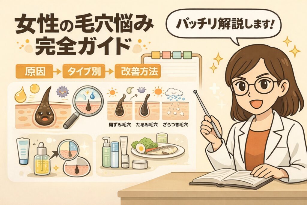 女性の毛穴悩みを網羅的に解説する完全ガイドのイラスト。黒ずみ毛穴・たるみ毛穴・ざらつき毛穴といったタイプ別の原因を図解し、スキンケアや生活習慣による改善方法までを整理して紹介している。白衣の女性が指し棒で解説する構図で、毛穴悩みを体系的に理解できる美容解説画像。