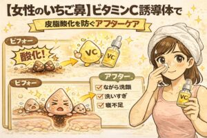 女性のいちご鼻ケアにおけるビタミンC誘導体のアフターケアを解説する図解イラスト。「女性のいちご鼻 ビタミンC誘導体で皮脂酸化を防ぐアフターケア」という見出しのもと、皮脂が酸化して黒ずむビフォー状態と、ビタミンC（VC）美容液でケアするアフター状態が対比で描かれている。右側にはタオルを巻いた女性がビタミンC美容液を使う様子が示され、洗顔後のケアで皮脂酸化を防ぐ重要性を視覚的に伝える教育用ビジュアル。