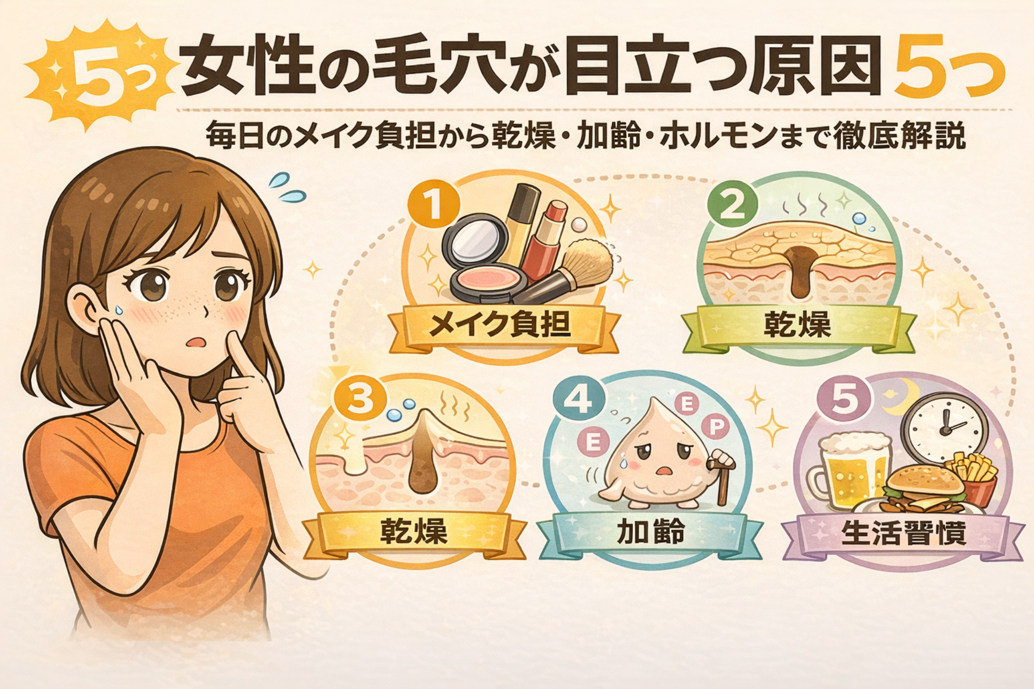 女性の毛穴が目立つ原因を5つに分けて解説した図解イラスト。メイク負担、乾燥、皮脂バランスの乱れ、加齢、生活習慣といった要因を、悩む女性とアイコンで分かりやすく示している。