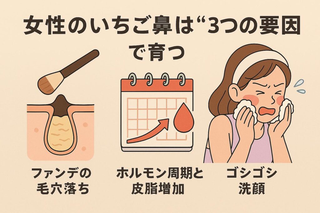 「女性のいちご鼻は“3つの要因”で育つ」というタイトルのインフォグラフィック。左にファンデーションが毛穴に入り込むイラスト（毛穴落ち）、中央にカレンダーと皮脂増加を示す矢印（ホルモン周期による皮脂分泌の変化）、右にゴシゴシ洗顔で赤くなっている女性の顔が描かれている。
