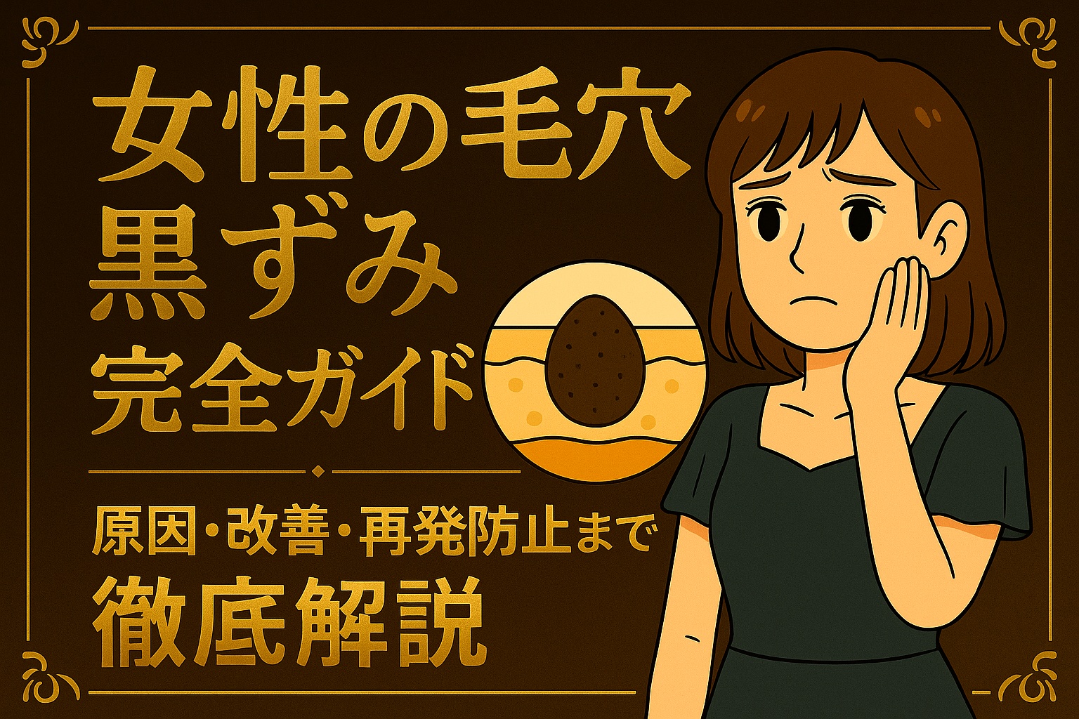 ダークブラウンを背景に金色の文字で「女性の毛穴黒ずみ完全ガイド 原因・改善・再発防止まで徹底解説」と書かれた日本語ポスター。左中央に黒ずみ毛穴の断面イラスト、右側には緑色のドレスを着て頬に手を当てた不安そうな表情の女性キャラクターが描かれている。