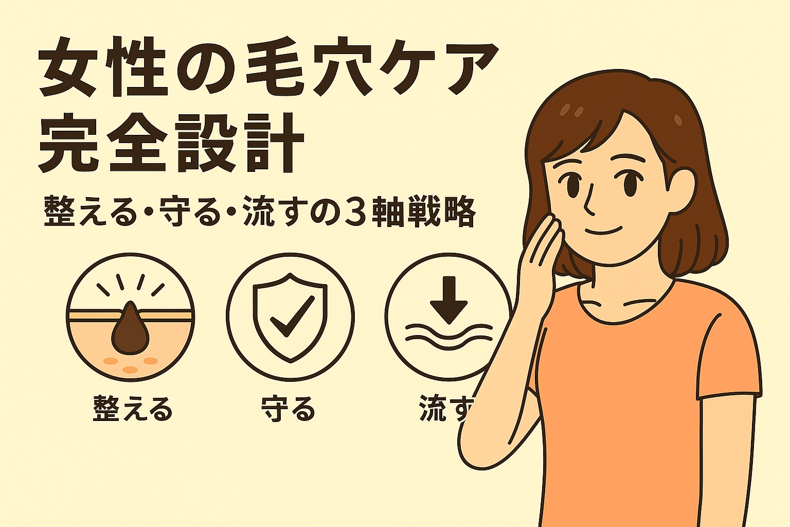 女性の毛穴ケア完全設計を説明するフラットイラスト。頬に手を当てる女性と、「整える」「守る」「流す」を示す3つのアイコンが並び、3軸戦略を視覚的に表している。