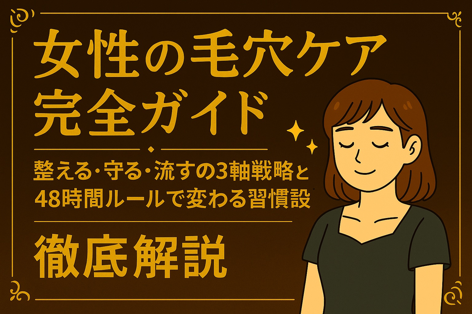 濃いブラウンの背景に金色の装飾と文字で「女性の毛穴ケア完全ガイド　整える・守る・流すの3軸戦略と48時間ルールで変わる習慣設計　徹底解説」と書かれている。右側には目を閉じて微笑む女性のイラストが描かれており、全体が高級感のあるデザインになっている。