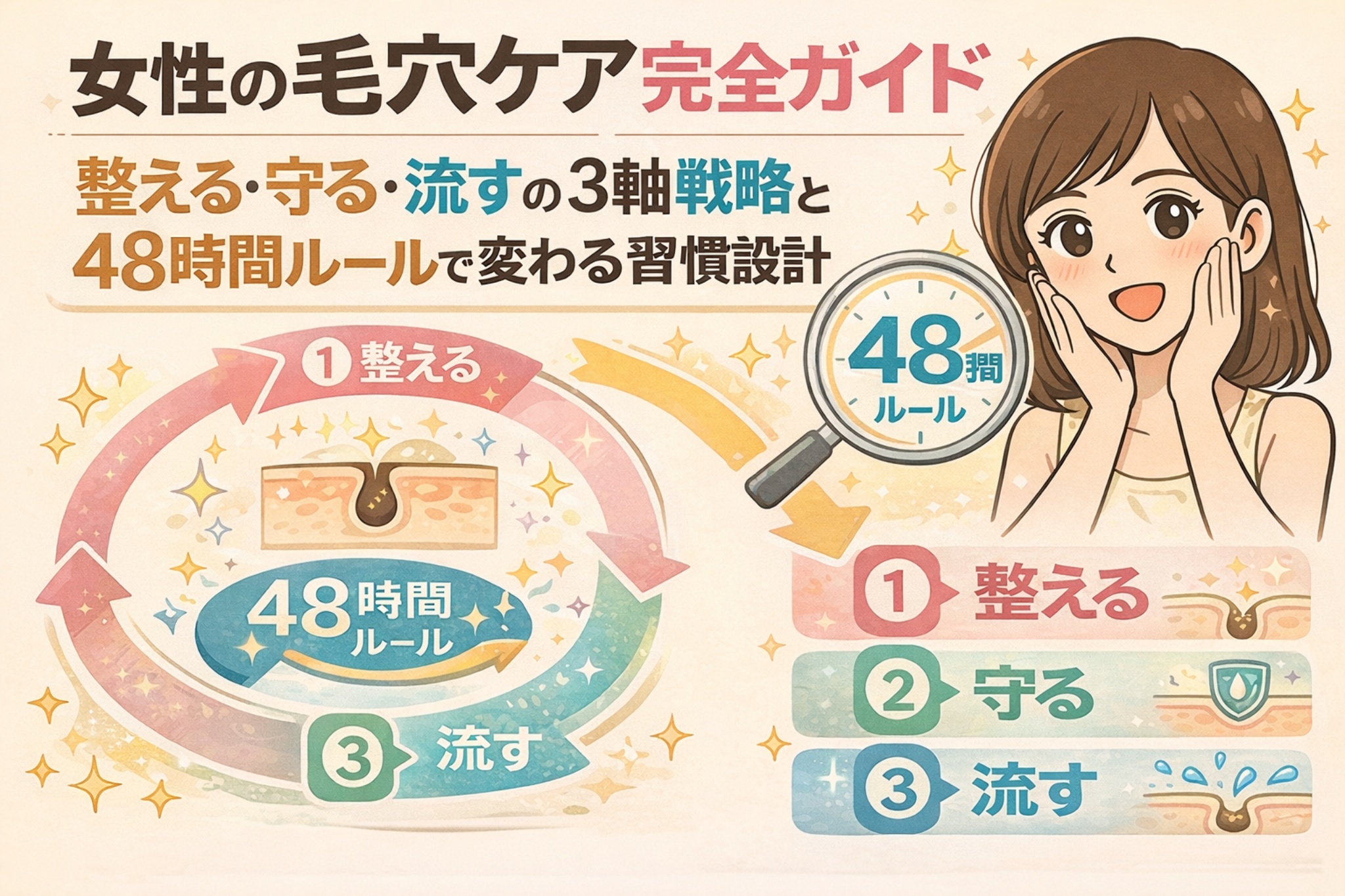 女性の毛穴ケアを体系的に解説したガイドイラスト。「整える・守る・流す」の3軸戦略と、皮脂が変化する前にケアする「48時間ルール」が図解されている。円形のフロー図と毛穴断面イラスト、右側には肌に触れる女性キャラクターと「48時間ルール」の表示があり、習慣設計で毛穴が変わることを示した淡いベージュ背景のアイキャッチ。