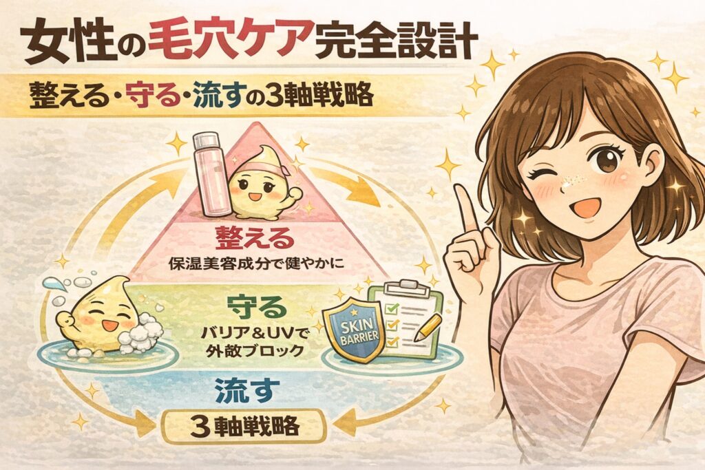 女性の毛穴ケアを「整える・守る・流す」の3軸で設計する完全戦略を解説したイラスト。保湿美容成分で肌状態を整え、バリア機能と紫外線対策で外的刺激から守り、毛穴の流れを整えることで詰まりを防ぐ考え方を、三角構造の図解と前向きな女性の表情で示している。
