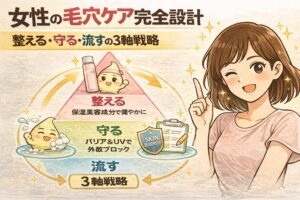 女性の毛穴ケアを「整える・守る・流す」の3軸で設計する完全戦略を解説したイラスト。保湿美容成分で肌状態を整え、バリア機能と紫外線対策で外的刺激から守り、毛穴の流れを整えることで詰まりを防ぐ考え方を、三角構造の図解と前向きな女性の表情で示している。