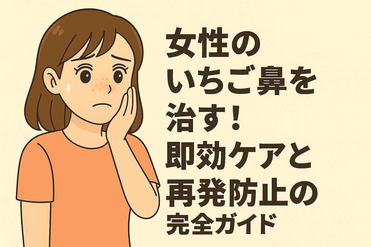 女性のいちご鼻を治すための即効ケアと再発防止の完全ガイドを示すイラスト。オレンジの服を着た女性が心配そうに頬へ手を当てている