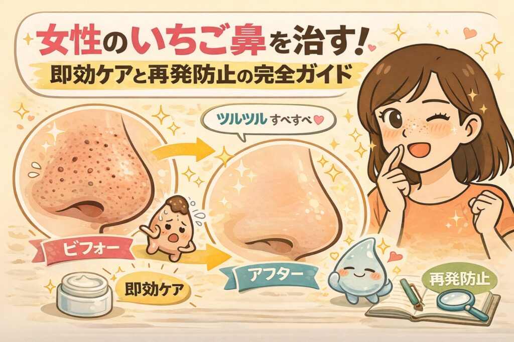 女性のいちご鼻ケアをテーマに、即効ケアと再発防止の考え方を図解したイラスト。ビフォー・アフターの鼻の状態を比較し、角栓除去後にツルツルに見える状態と、その後の再発を防ぐための継続ケアの重要性をわかりやすく示している。