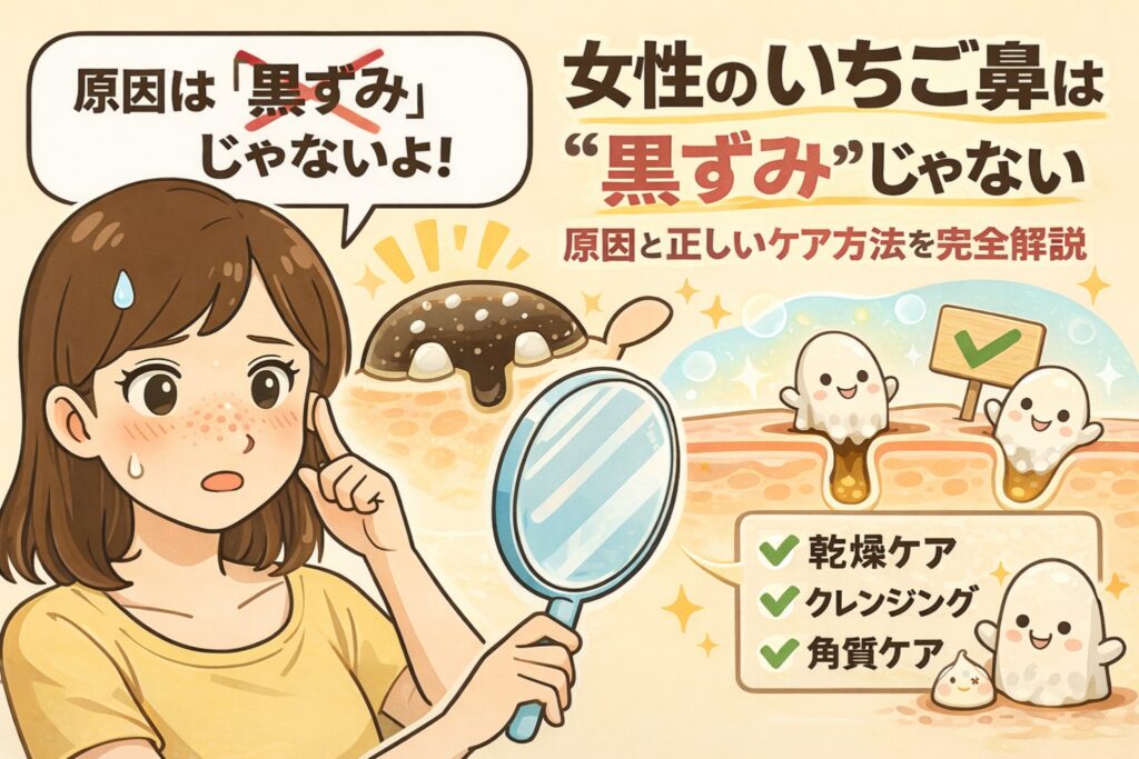 いちご鼻に悩む女性が鏡を持って確認しており、「原因は黒ずみじゃない」というメッセージとともに、女性のいちご鼻は“黒ずみ”ではなく角栓や毛穴状態が関係していることを、毛穴断面図と擬人化キャラクター、正しいケア方法（乾燥ケア・クレンジング・角質ケア）のチェックリストで解説しているイラスト