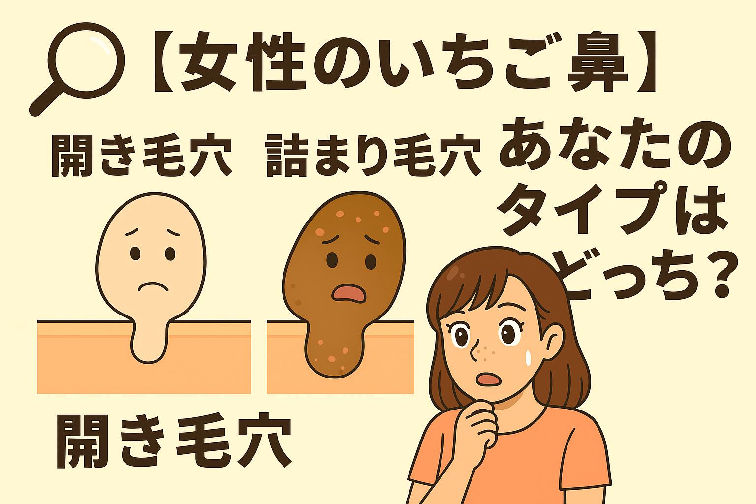 女性のいちご鼻に関するイラスト。開き毛穴キャラクターと詰まり毛穴キャラクターが描かれ、右側に驚く女性が配置され、「あなたのタイプはどっち？」と問いかけている
