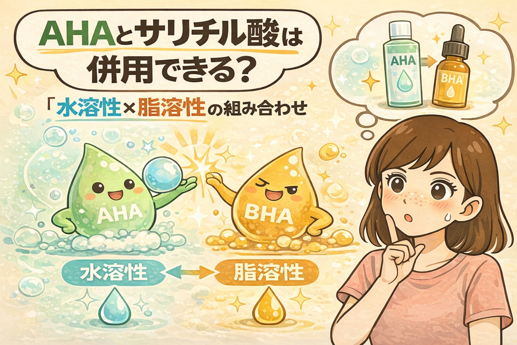 AHAとサリチル酸（BHA）は併用できるのかを解説するイラスト。水溶性のAHAと脂溶性のBHAを擬人化キャラクターで表現し、それぞれ異なる性質を活かした組み合わせケアの考え方を図解している。スキンケア成分の役割と併用の基本をやさしく説明する美容成分解説画像。