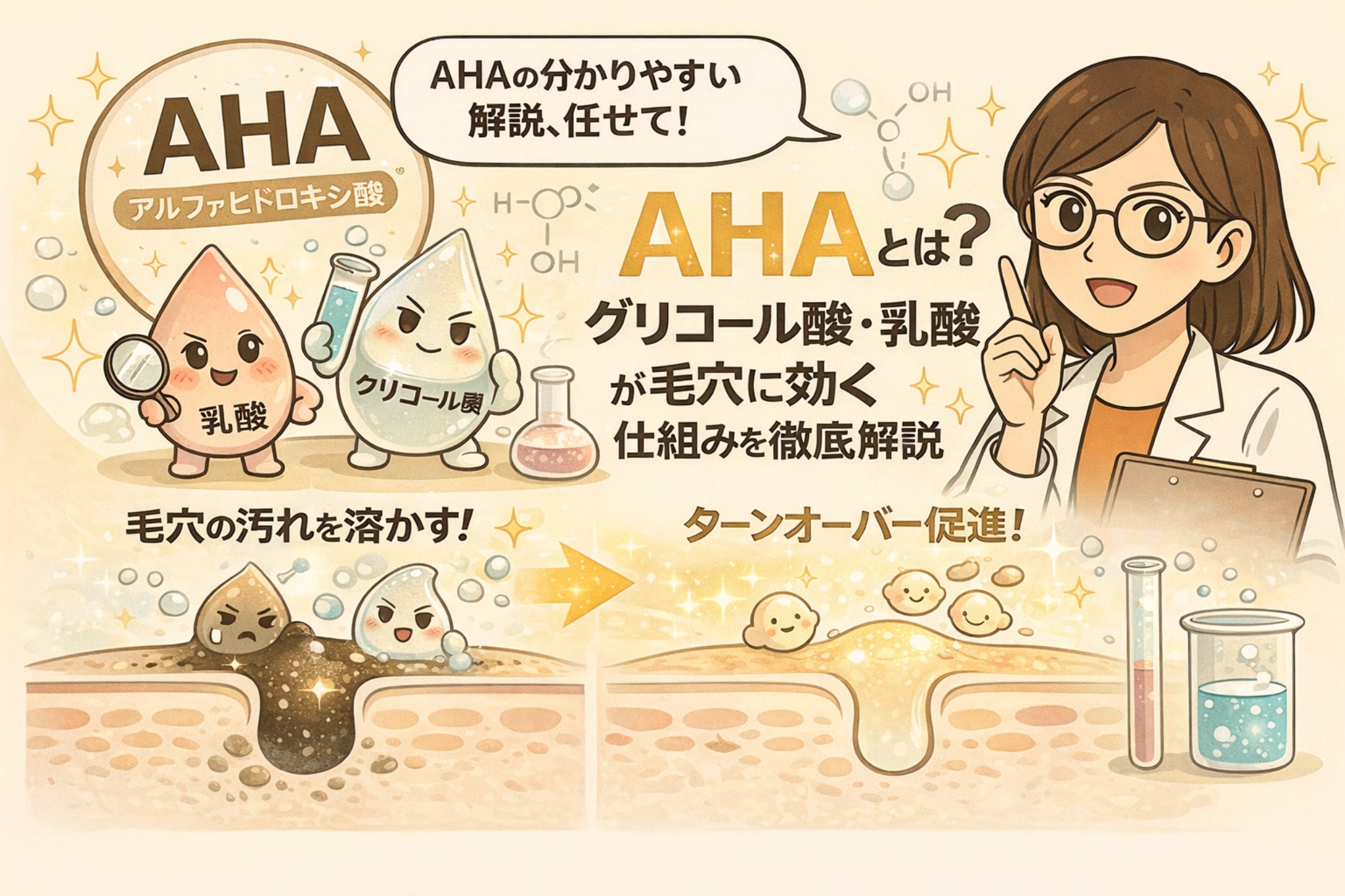 AHA（アルファヒドロキシ酸）をわかりやすく解説する図解イラスト。白衣と眼鏡の女性が指差しで説明し、乳酸とグリコール酸を擬人化したキャラクターが登場する。AHAが毛穴の汚れや角質に作用し、ターンオーバーを促進する仕組みを皮膚断面図で表現している。毛穴ケアにおけるAHAの基本的な働きを伝えるビジュアル。