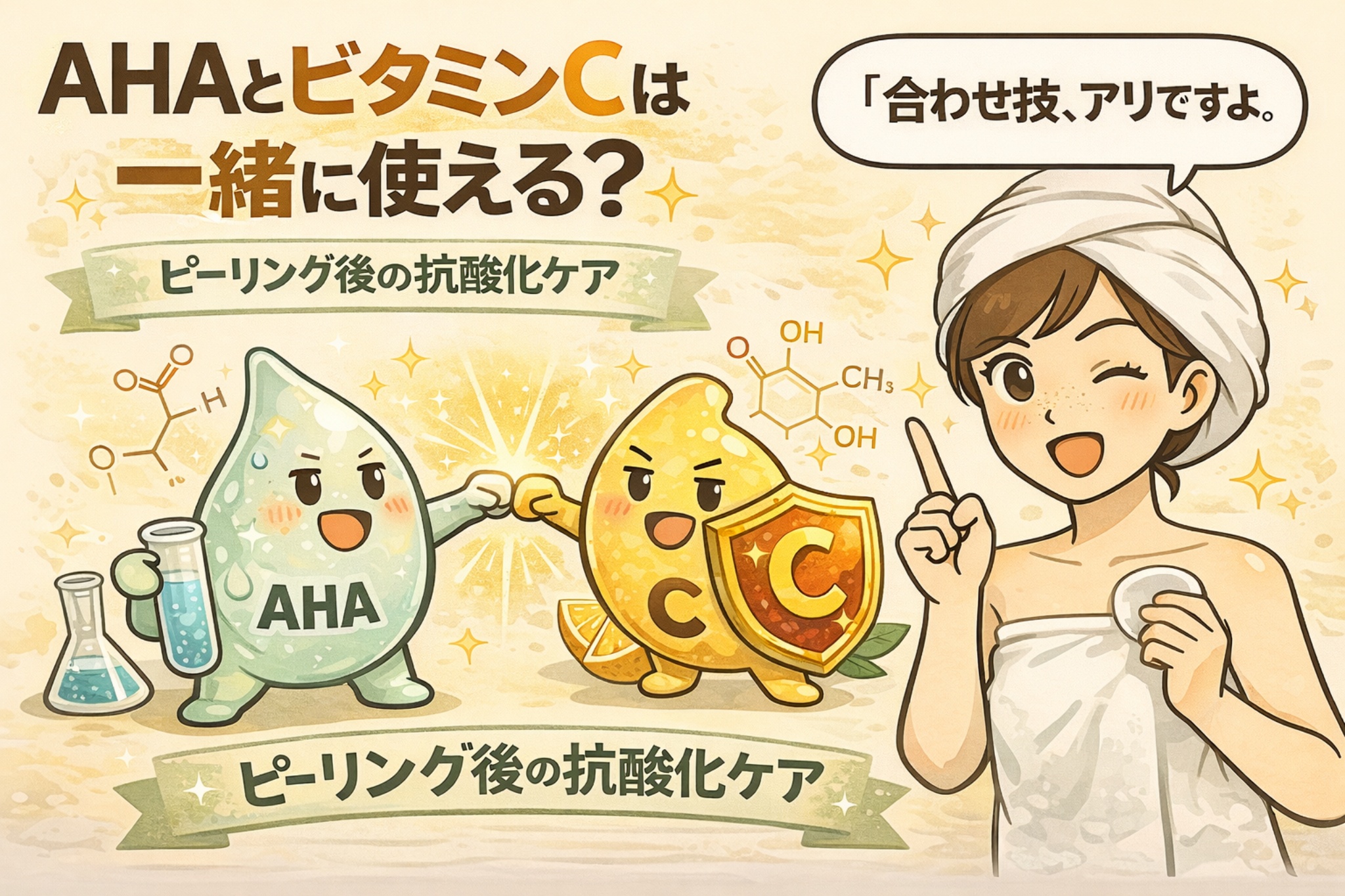 AHAとビタミンCを一緒に使えるかを、擬人化した成分キャラクターとピーリング後の抗酸化ケアの場面で解説したイラスト。角質ケア後にビタミンCで肌を守る「合わせ技」の考え方を示し、使用時のポイントをやさしく視覚的に伝えている。