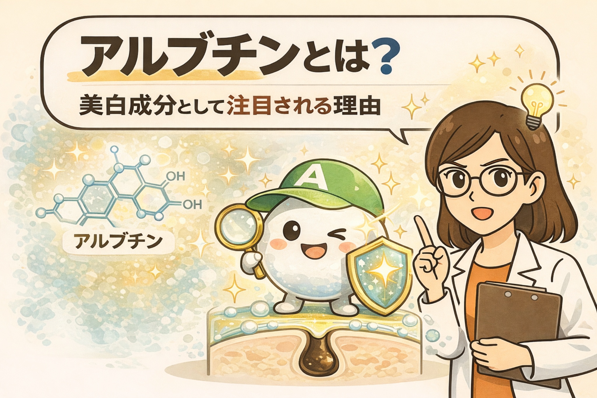 アルブチンとは何かを解説するイラスト。美白成分として注目される理由を、アルブチンの化学構造と擬人化キャラクターで表現。メラニン生成を抑える働きや、毛穴周辺の色ムラを防ぐ仕組みを、毛穴断面図と白衣の女性による解説カットで分かりやすく示している。