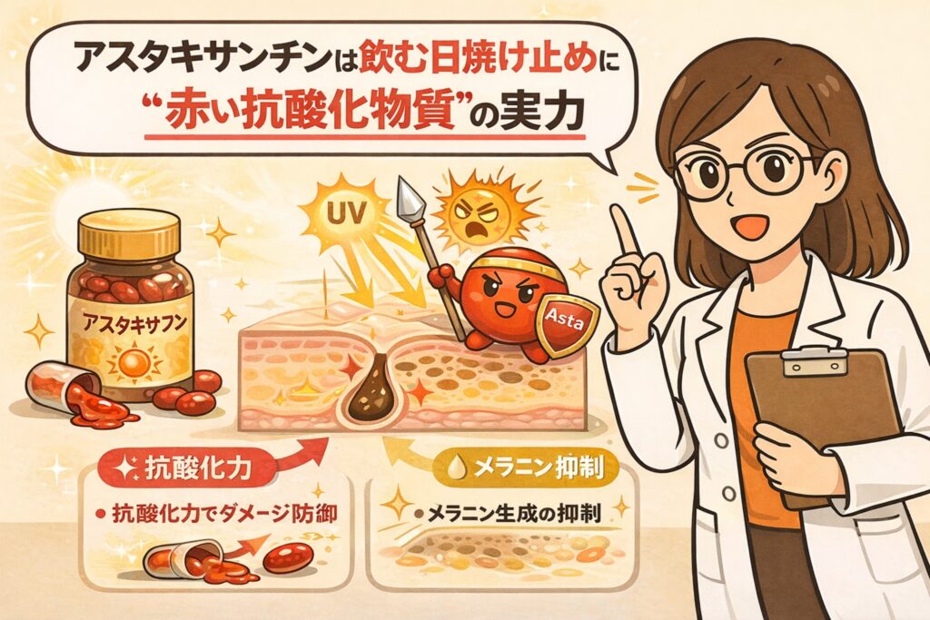 アスタキサンチンを“飲む日焼け止め”として紹介し、赤い抗酸化物質の働きを解説した日本風2Dフラットイラスト。UVダメージから肌を守る抗酸化作用と、メラニン生成を抑制する仕組みを、毛穴断面図と擬人化キャラクター、白衣の女性研究者の解説で分かりやすく表現している。