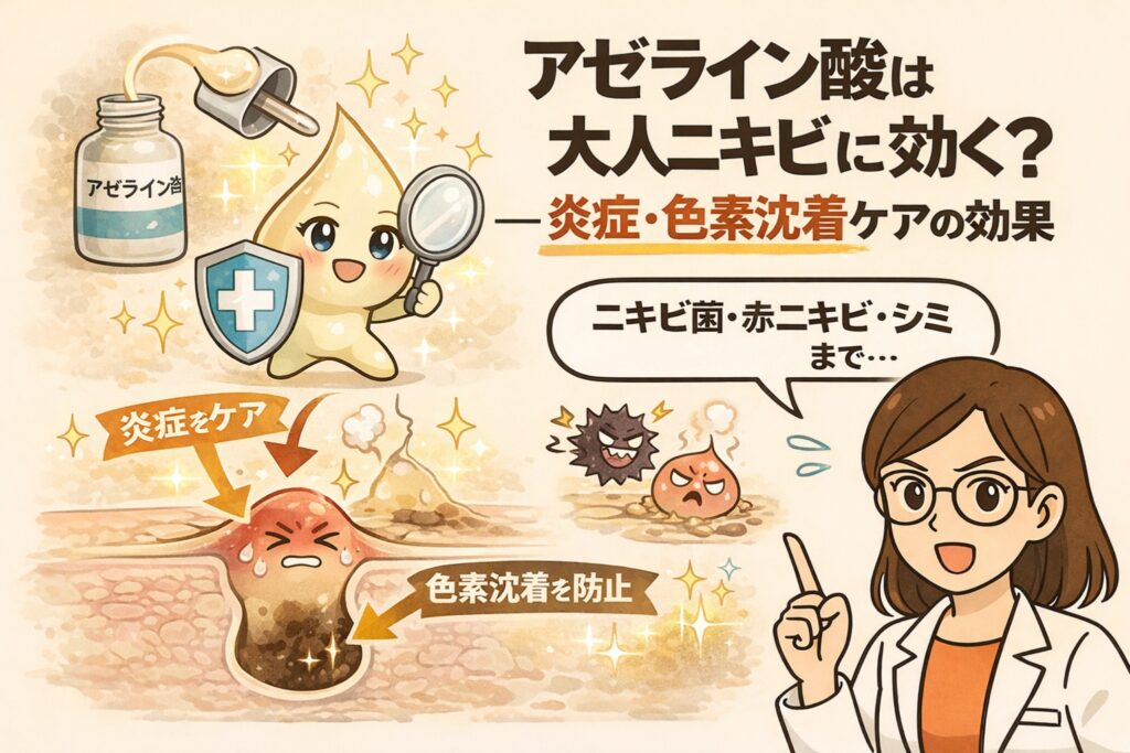 アゼライン酸が大人ニキビに与える効果を解説したイラスト。炎症を抑え、ニキビ菌や赤ニキビ、色素沈着をケアする仕組みを、成分の擬人化キャラクターと皮膚断面図で分かりやすく説明している。白衣の女性が指差しで解説する構図。